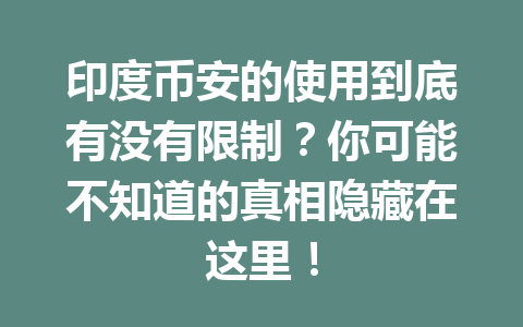 印度币安的使用到底有没有限制？你可能不知道的真相隐藏在这里！